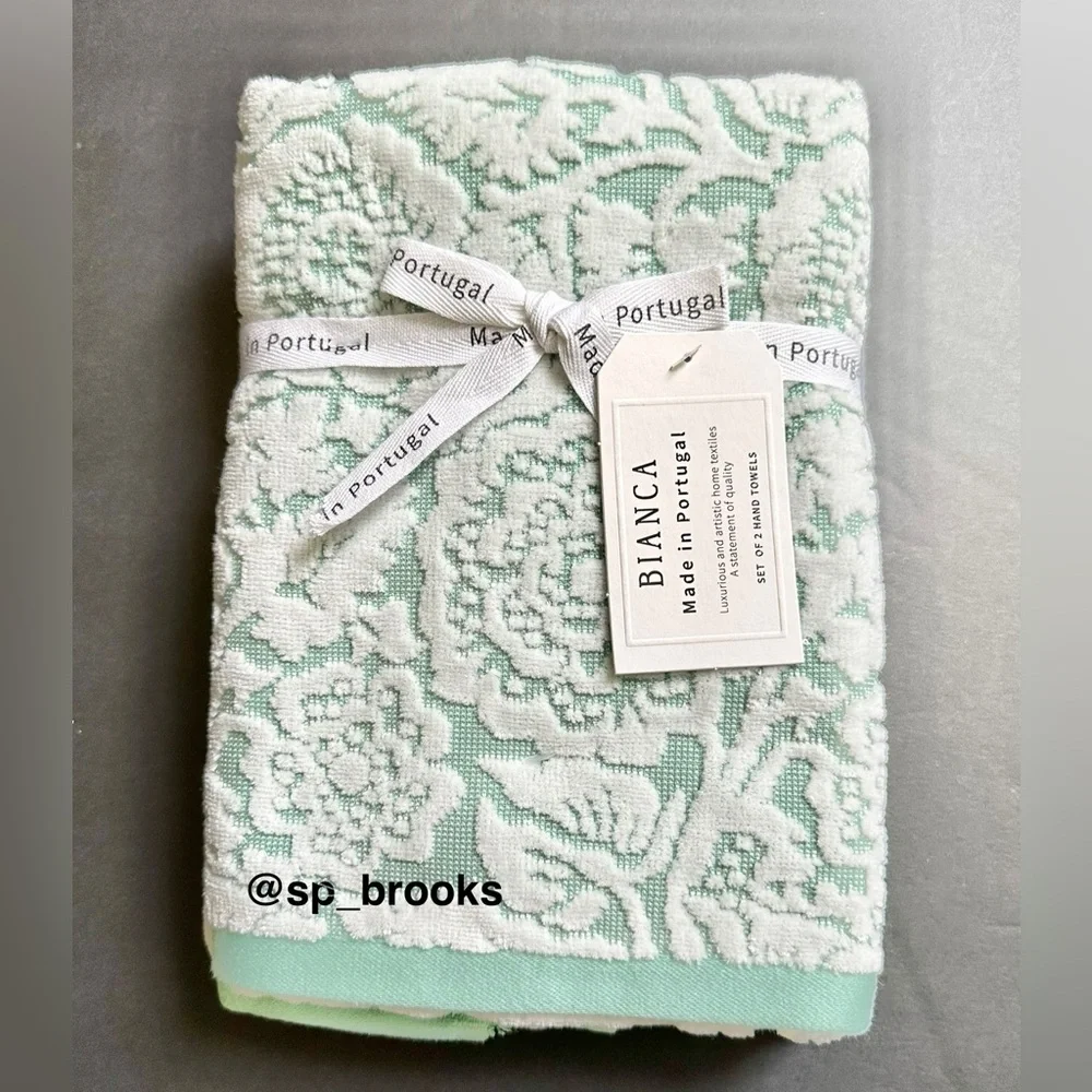 🎁6PC BIANCA Bath Towel Set - Floral Woven Terry Pattern Pastel Green & White